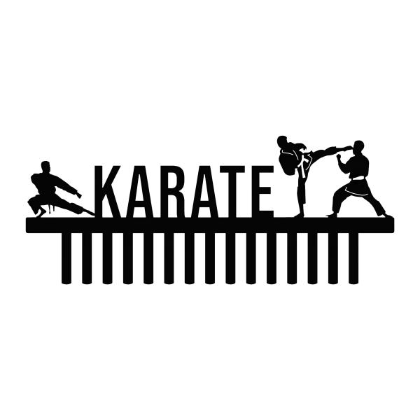 Black steel karate medal holder with cutouts of three karate figures in action poses on top. The word 'KARATE' is cut out above evenly spaced hooks designed to hold medals. The design is sleek and modern, suitable for martial arts enthusiasts.